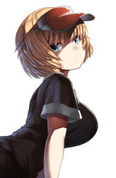 Rule 34 | 1girl, arched back, bad id, bad nicoseiga id, belko, black shirt, blonde hair, blunt bangs, breasts, closed mouth, expressionless, eyes visible through hair, glaring, highres, large breasts, leaning forward, looking at viewer, looking to the side, original, shaded face, shinjin-chan (belko), shirt, short hair, short sleeves, simple background, solo, upper body, visor cap, white background