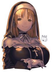 Rule 34 | 1girl, black dress, breasts, brown eyes, closed mouth, commentary request, cropped torso, cross, dated, dress, fbc, gloves, habit, large breasts, latin cross, long hair, long sleeves, looking at viewer, nijisanji, parted bangs, signature, simple background, sister claire, sister claire (1st costume), smile, solo, virtual youtuber, white background, white gloves