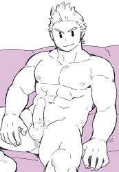 Rule 34 | 1boy, abs, bad id, bad tumblr id, bara, boku no hero academia, completely nude, couch, erection, feet out of frame, gluteal fold, greyscale with colored background, kuro nezumi inu, looking at viewer, male focus, muscular, muscular male, navel, nipples, nude, on couch, pac-man eyes, pectorals, penis, short hair, solo, stomach, thick eyebrows, thighs, togata mirio, v-shaped eyebrows