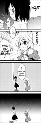 Rule 34 | 2girls, 4koma, akakage red, comic, death, dress, emphasis lines, english text, female focus, greyscale, hard-translated, maribel hearn, monochrome, multiple girls, noose, red (artist), short hair, skirt, suicide, tearing up, third-party edit, touhou, translated, usami renko