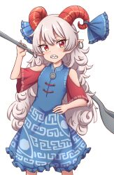 Rule 34 | 1girl, bare shoulders, blue dress, blue ribbon, curled horns, dress, earrings, frilled dress, frills, grey hair, holding, holding spoon, horn ornament, horn ribbon, horns, jewelry, long hair, looking at viewer, oversized object, pointy ears, red eyes, red horns, red sleeves, ribbon, sharp teeth, sheep horns, simple background, solo, spoon, teeth, touhou, toutetsu yuuma, white background, wool (miwol)