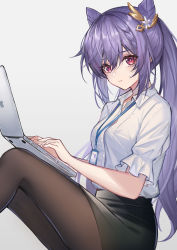 Rule 34 | absurdres, apple inc., black skirt, blouse, braid, breasts, cleavage, collared shirt, computer, contemporary, flower, frilled sleeves, frills, genshin impact, hair between eyes, hair flower, hair ornament, highres, id card, keqing (genshin impact), laptop, long hair, looking at viewer, miniskirt, office lady, pantyhose, pencil skirt, purple hair, red eyes, shirt, short sleeves, sidelocks, simple background, sitting, skirt, solo, tight skirt, twintails, typing, white background, white shirt, zard
