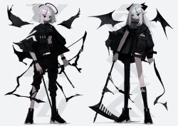 Rule 34 | 2girls, absurdres, aqua hair, aqua pupils, arrow (projectile), black dress, black eyes, black footwear, black jacket, black pants, black pantyhose, black socks, black wings, bow (weapon), breasts, closed mouth, colored skin, commentary request, demon girl, demon horns, demon wings, detached wings, dress, grey background, grey hair, grey skin, halo, highres, holding, holding arrow, holding bow (weapon), holding scythe, holding weapon, horns, jacket, kneehighs, long hair, long sleeves, medium breasts, miyama (tokiwairo8), multicolored hair, multiple girls, open clothes, open jacket, open mouth, original, pants, pantyhose, pink hair, pink pupils, pointy ears, ponytail, puffy long sleeves, puffy sleeves, scythe, shadow, shoes, simple background, single kneehigh, single leg pantyhose, single sock, socks, streaked hair, torn clothes, torn jacket, torn pants, weapon, wings