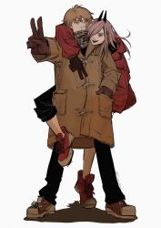 Rule 34 | 1boy, 1girl, absurdres, arm around neck, black pants, blonde hair, chainsaw man, coat, denji (chainsaw man), duffel coat, gloves, hair over one eye, hand in pocket, highres, hood, hoodie, horns, leg up, long hair, looking at viewer, open mouth, pants, pants rolled up, pink hair, plaid, plaid scarf, power (chainsaw man), red hoodie, scarf, sharp teeth, short hair, simple background, smile, snot, tasuketemama, teeth, v, white background, winter clothes