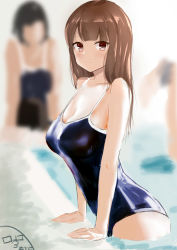 Rule 34 | arm support, artist name, blue one-piece swimsuit, blunt bangs, blurry, blush, breasts, brown hair, competition school swimsuit, depth of field, dh-zone, highres, light smile, long hair, looking at viewer, medium breasts, multiple girls, one-piece swimsuit, original, pool, poolside, school swimsuit, shiny clothes, signature, sketch, solo focus, swimsuit, wading, water