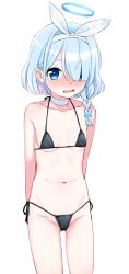 Rule 34 | 1girl, alternate costume, animal ears, arona (blue archive), bare arms, bare legs, bare shoulders, bikini, black bikini, blue archive, blue eyes, blue hair, blush, braid, breasts, choker, groin, hair over one eye, halo, halterneck, highleg, highleg bikini, highres, kumadano, looking at viewer, multicolored hair, navel, open mouth, rabbit ears, short hair, side-tie bikini bottom, silver hair, simple background, small breasts, solo, string bikini, swimsuit, tearing up, wavy mouth, white background
