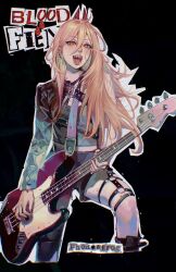 Rule 34 | 1girl, artist name, black background, black jacket, blonde hair, chainsaw man, cross-shaped pupils, ear piercing, electric guitar, guitar, hair between eyes, halftone texture, highres, holding, holding instrument, horns, instrument, jacket, long hair, looking at viewer, open mouth, outline, phoneafrog, piercing, power (chainsaw man), punk, red horns, sharp teeth, simple background, smile, solo, symbol-shaped pupils, tagme, teeth, white outline, yellow eyes