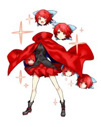 Rule 34 | 1girl, aliun, black footwear, boots, bow, cape, disembodied head, full body, hair bow, open mouth, red eyes, red hair, red skirt, sekibanki, short hair, simple background, skirt, solo, standing, touhou, white background
