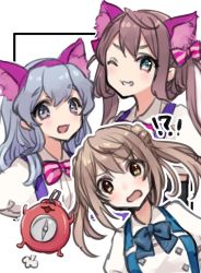 Rule 34 | !?, 3girls, puff of air, alice in wonderland, animal ears, asagumo (kancolle), blush, bow, compass, double bun, dress, enemy lifebuoy (kancolle), fake animal ears, grey hair, grin, hair between eyes, hair bow, hair bun, kantai collection, long hair, looking at viewer, michishio (kancolle), multiple girls, nuno (pppompon), official alternate costume, one eye closed, open mouth, simple background, smile, twintails, yamagumo (kancolle)