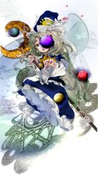Rule 34 | 1girl, capelet, chain, ghost tail, green eyes, green hair, hat, highres, long hair, long skirt, magic circle, matching hair/eyes, mima (touhou), nail polish, orb, skirt, solo, staff, touhou, touhou (pc-98), very long hair, wide sleeves, windhide, wizard hat