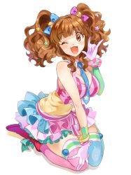 Rule 34 | 10s, 1girl, ;3, \m/, bare shoulders, between breasts, blush, breasts, brown eyes, brown hair, cleavage, gloves, hair ornament, idolmaster, idolmaster cinderella girls, inzup, long hair, looking at viewer, moroboshi kirari, one eye closed, open mouth, pikapikapop, sitting, smile, solo, thighhighs, twintails