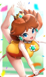 Rule 34 | 1girl, :d, ass, barefoot, blue eyes, breasts, brown hair, commentary request, crown, earrings, flower earrings, gonzarez, jewelry, legs, leotard, looking at viewer, mario &amp; sonic at the london 2012 olympic games, mario &amp; sonic at the olympic games, mario (series), medium breasts, nintendo, official alternate costume, one-piece swimsuit, open mouth, orange one-piece swimsuit, princess daisy, princess daisy (swimwear), smile, solo, swimsuit