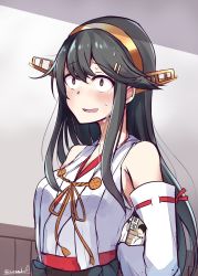 Rule 34 | 1girl, admiral (kancolle), arms behind back, bare shoulders, black hair, blush, brown eyes, detached sleeves, hair ornament, hairclip, haruna (kancolle), headgear, highres, holding, holding photo, kantai collection, long hair, nontraditional miko, one-hour drawing challenge, open mouth, photo (object), pornography, solo, soramuko, sweat, upper body, yaoi (object)