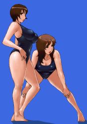 Rule 34 | 2girls, barefoot, blue background, breasts, brown eyes, brown hair, cleavage, feet, hands on own knees, large breasts, leaning forward, lips, lowres, matoyama, multiple girls, oekaki, one-piece swimsuit, original, simple background, swimsuit, toes