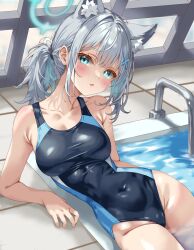 Rule 34 | 1girl, absurdres, animal ear fluff, animal ears, black one-piece swimsuit, blue archive, blue eyes, breasts, competition swimsuit, covered navel, cross hair ornament, extra ears, grey hair, groin, hair ornament, halo, highres, indoors, iwato (celler), looking at viewer, low ponytail, medium breasts, medium hair, mismatched pupils, multicolored clothes, multicolored swimsuit, official alternate costume, one-piece swimsuit, pool, pool ladder, rei no pool, shiroko (blue archive), shiroko (swimsuit) (blue archive), sitting, solo, swimsuit, wolf ears