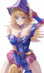 Rule 34 | 1girl, adjusting clothes, adjusting headwear, blonde hair, blue eyes, blue headwear, breasts, choker, cleavage, closed mouth, dark magician girl, duel monster, gauntlets, hat, highres, holding, holding staff, large breasts, long hair, looking at viewer, pink skirt, simple background, skirt, smile, staff, syu.mu, white background, wizard hat, yu-gi-oh!