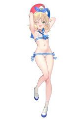 Rule 34 | 1girl, armpits, arms up, ascot, ball, bikini, blue ascot, blue bow, blue sailor collar, bow, bow hairband, breasts, commentary request, full body, green eyes, hairband, holding, holding ball, idolmaster, idolmaster cinderella girls, idolmaster cinderella girls u149, matanonki, navel, official alternate costume, one eye closed, open mouth, sailor bikini, sailor collar, sailor swimsuit (idolmaster), sakurai momoka, simple background, small breasts, smile, solo, standing, standing on one leg, stomach, swimsuit, white background, white bikini, white footwear
