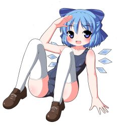Rule 34 | 1girl, bad id, bad pixiv id, blue eyes, blue hair, bow, cirno, fang, female focus, full body, highres, kyokutou hentai samurai, matching hair/eyes, one-piece swimsuit, school swimsuit, simple background, solo, swimsuit, thighhighs, touhou, white background, wings