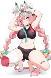 1girl absurdres ahoge animal_ears aqua_hair armpits arms_up barefoot bike_shorts braid breasts cow_ears cow_girl cow_horns cow_tail feet genshin_impact highres horns large_breasts long_hair multicolored_hair nail_polish navel no_shoes orika_nekoi pink_hair purple_eyes scissors simple_background single_thighhigh skindentation solo squatting streaked_hair tail thighhighs tiptoes toeless_legwear toenail_polish toenails toes twin_braids varesa_(genshin_impact) white_background