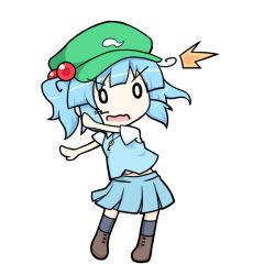 Rule 34 | 1girl, ^^^, arms up, bad id, bad pixiv id, blue hair, boots, chibi, full body, hat, kawashiro nitori, key, o o, open mouth, oribe rin, short hair, short sleeves, short twintails, simple background, skirt, skirt set, smile, solo, surprised, touhou, twintails, two side up, wavy mouth