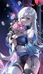 Rule 34 | 1girl, asymmetrical legwear, azur lane, belfast (azur lane), belfast (iridescent rosa) (azur lane), blue dress, blush, bouquet, braid, breasts, bug, butterfly, china dress, chinese clothes, cleavage, closed mouth, collar, crown braid, dress, fingernails, floral print, flower, hand up, highres, insect, jewelry, large breasts, looking at viewer, mismatched legwear, nail polish, night, night sky, official alternate costume, outdoors, pink flower, pink nails, pink rose, purple eyes, ring, rose, side-tie dress, side slit, skindentation, sky, solo, star (sky), starry sky, swept bangs, tacco (tikeworld), tassel, thighhighs, thighs, white hair