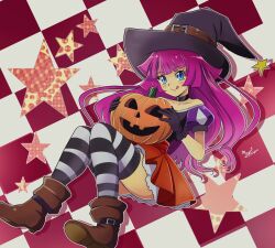 Rule 34 | 1girl, black choker, black gloves, blue eyes, brown footwear, choker, food, gloves, halloween, hat, highres, holding, holding food, holding pumpkin, holding vegetable, kirishima romin, long hair, looking at viewer, miyuki tsukiyono, off shoulder, pumpkin, purple hair, red skirt, skirt, smile, solo, star (symbol), striped clothes, striped thighhighs, thighhighs, tongue, tongue out, vegetable, witch hat, yu-gi-oh!, yu-gi-oh! sevens