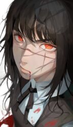 Rule 34 | 1girl, absurdres, black hair, blood, blood from mouth, blood on clothes, blood on ground, chainsaw man, cross scar, dress, facial scar, fourth east high school uniform, highres, long hair, looking at viewer, niri (eunhaha02), orange eyes, pinafore dress, ringed eyes, scar, scar on cheek, scar on face, school uniform, sleeveless dress, solo, yoru (chainsaw man)