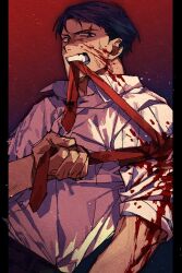 Rule 34 | 1boy, black pants, blood, blood on arm, blood on face, breast pocket, collared shirt, furrowed brow, gegege no kitarou, highres, injury, light particles, male focus, mizuki (gegege no kitarou), mouth hold, necktie, necktie in mouth, nive (dn), pants, pocket, red background, red necktie, scar, scar across eye, shirt, short hair, solo, tourniquet, white shirt