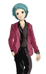 1girl absurdres akiyama_shun akiyama_shun_(cosplay) aqua_hair blue_hair cosplay formal highres isbaude non-web_source pant_suit pants persona persona_3 red_suit ryuu_ga_gotoku_(series) ryuu_ga_gotoku_4 ryuu_ga_gotoku_5 short_hair striped_suit suit watch white_background wristwatch yamagishi_fuuka