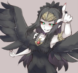 Rule 34 | 1girl, armlet, armpits, black hair, black wings, breasts, colored sclera, colored skin, duel monster, fabled grimro, feathers, fingernails, green eyes, hair ornament, highres, jewelry, medium breasts, multicolored eyes, pale skin, pointing, pointing at viewer, pointy ears, red sclera, sharp fingernails, shintani tsushiya, smile, solo, white skin, wings, yu-gi-oh!