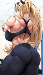 Rule 34 | 1girl, absurdres, ass, back, bare shoulders, biceps, black pants, black sports bra, blonde hair, breasts, cromwellb, barghest (fate), fate/grand order, fate (series), green eyes, highres, horns, large breasts, long hair, looking at viewer, looking back, muscular, muscular female, pants, parted lips, ponytail, solo, sports bra, sweat, thick thighs, thighs, tight clothes, tight pants, yoga pants