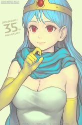 Rule 34 | 1girl, blue hair, breasts, cape, circlet, cleavage, closed mouth, commentary, dragon quest, dragon quest iii, dress, elbow gloves, gloves, gofelem, long hair, looking at viewer, red eyes, sage (dq3), simple background, smile, solo