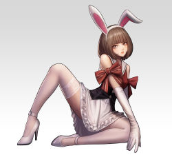 Rule 34 | 1girl, absurdres, animal ears, bangs pinned back, blunt bangs, bow, breasts, brown hair, gloves, highres, jungon kim, looking at viewer, original, rabbit ears, red bow, short hair, simple background, solo, white gloves, white legwear