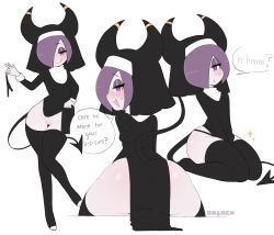 Rule 34 | 1girl, ass, demon girl, demon horns, demon tail, full body, highres, horns, looking at viewer, nocturnia, nun, purple hair, pussy, sataen, tail, thighhighs