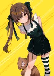 Rule 34 | 1girl, absurdres, ahoge, arms behind back, arutera, bare legs, bare shoulders, bow, breasts, brown hair, commentary request, dress, hair bow, head tilt, highres, long hair, looking at viewer, original, parted lips, pinafore dress, shirt, single thighhigh, sleeveless, sleeveless dress, sleeveless shirt, small breasts, solo, standing, striped clothes, striped thighhighs, stuffed animal, stuffed toy, teddy bear, thighhighs, twintails, white shirt, yellow eyes