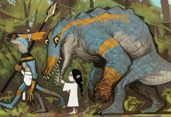 Rule 34 | 1girl, 2others, barefoot, black hair, blue eyes, braid, child, dress, elf, from side, jitome, lizardman (warhammer fantasy), long hair, mossacannibalis, multiple others, outdoors, pointy ears, warhammer 40k, white dress
