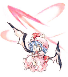 Rule 34 | 1girl, bat wings, bow, bow legwear, chibi, commentary request, dress, hat, hat ribbon, lowres, micha (futako), mob cap, no nose, no shoes, open mouth, pink bow, pink dress, pink hat, puffy short sleeves, puffy sleeves, red ribbon, remilia scarlet, ribbon, short sleeves, smile, socks, solo, touhou, white socks, wings