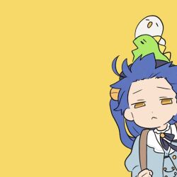 Rule 34 | 1girl, :&lt;, amamiya kokoro, animal, animal on head, backpack, bag, beret, bird, bird on head, black hat, black ribbon, blue hair, blue jacket, commentary request, dinosaur, floating hair, forehead, half-closed eyes, hat, holding strap, jacket, juliet sleeves, kyoufuu all back (vocaloid), leaning to the side, long hair, long sleeves, looking at viewer, neck ribbon, negative space, nijisanji, no pupils, on head, parody, puffy sleeves, raised eyebrows, ribbon, second-party source, simple background, solo, style parody, taneda yuuta, upper body, virtual youtuber, yellow background, yellow eyes