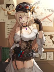 Rule 34 | 1girl, ;), artist name, bad id, bad pixiv id, bare shoulders, belt, belt pouch, black choker, blonde hair, book, braid, breasts, brown hat, brown shorts, bulletin board, choker, cleavage, corset, cowboy shot, detached sleeves, elbow gloves, english text, garter straps, gem, gloves, goggles, goggles on headwear, hand up, hat, hat ornament, highres, indoors, large breasts, long hair, looking at viewer, map, mole, mole on breast, one eye closed, original, parted lips, pink eyes, poster (medium), poster (object), potion, pouch, risem, shorts, smile, solo, standing, steampunk, thighhighs, wanted, white thighhighs