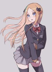 Rule 34 | 1girl, abigail williams (fate), black bow, black jacket, black thighhighs, blazer, blonde hair, blue eyes, blush, bow, breasts, buttons, contemporary, fate/grand order, fate (series), forehead, grey skirt, hair bow, jacket, kopaka (karda nui), long hair, long sleeves, looking at viewer, looking to the side, multiple hair bows, open mouth, orange bow, parted bangs, pleated skirt, red neckwear, school uniform, sidelocks, skirt, small breasts, thighhighs, thighs