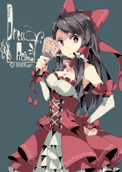 Rule 34 | 1girl, :/, adapted costume, aoi kujira, armpits, bare shoulders, black hair, breasts, bright pupils, character name, cleavage, collarbone, detached collar, dress, elbow gloves, english text, european clothes, gloves, hakurei reimu, long hair, looking at viewer, ofuda, red eyes, sleeveless, sleeveless dress, solo, steampunk, touhou, white pupils, yin yang