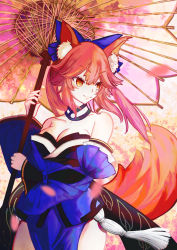 Rule 34 | 1girl, absurdres, animal ear fluff, animal ears, bare shoulders, blue kimono, blue ribbon, blush, breasts, cleavage, collarbone, detached sleeves, fate/extella, fate/extra, fate/extra ccc, fate/grand order, fate (series), fox ears, fox girl, fox tail, hair ribbon, highres, japanese clothes, kimono, large breasts, looking to the side, parasol, pink hair, ribbon, solo, tail, tamamo (fate), tamamo no mae (fate/extra), umbrella, yellow eyes, yuga-kusakata