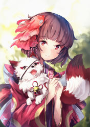 Rule 34 | 1girl, animal, bell, blunt bangs, brown hair, commentary request, fish hair ornament, fox, hair ornament, highres, holding, japanese clothes, jingle bell, kagura (onmyoji), kimono, looking at viewer, nakatokung, onmyoji, own hands together, red eyes, short hair, smile, solo, teeth, upper teeth only