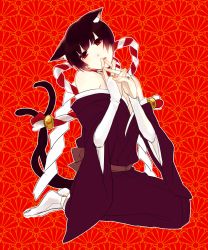 Rule 34 | 1boy, animal ears, axis powers hetalia, bad id, bad pixiv id, black hair, blush, cat boy, cat ears, cat tail, full body, highres, japan (hetalia), japanese clothes, kikumon, kimono, male focus, multiple tails, open mouth, red background, red eyes, short hair, solo, tail, trap