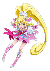 Rule 34 | 1girl, aida mana, big hair, blonde hair, boots, bow, brooch, choker, cure heart, dokidoki! precure, eyelashes, full body, hair ornament, heart, heart brooch, heart hair ornament, highres, jewelry, knee boots, long hair, looking at viewer, magical girl, nukosann, open mouth, outstretched arms, pink bow, pink eyes, pink footwear, ponytail, precure, simple background, solo, white background