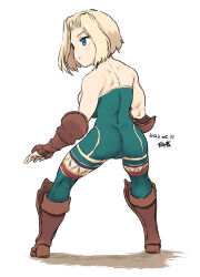 Rule 34 | 1girl, ass, bare shoulders, blonde hair, blue eyes, breasts, closed mouth, dated, final fantasy, final fantasy tactics, full body, large breasts, monk (fft), short hair, signature, simple background, solo, tsukudani (coke-buta), unitard, white background