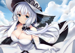 Rule 34 | 1girl, adjusting hair, artist name, azur lane, bare shoulders, blue eyes, breasts, cleavage, cloud, cloudy sky, collarbone, cowboy shot, dress, elbow gloves, gloves, hair between eyes, hat, illustrious (azur lane), jewelry, large breasts, long hair, looking at viewer, outdoors, ry thae, sky, sleeveless, smile, solo, standing, strapless, white dress, white gloves, white hair