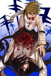 Rule 34 | 2boys, arm belt, arms up, bare pectorals, belt, black belt, black hair, blonde hair, blood, blood on chest, blood on clothes, blood on face, blue background, blue eyes, boy on top, buttons, chinese commentary, commentary request, eating, emiya qsm, eyelashes, fingernails, flower, gradient background, hair between eyes, half-closed eyes, long hair, long sleeves, looking at viewer, lying, male focus, multiple boys, on back, open clothes, open mouth, open shirt, original, pectoral cleavage, pectorals, petals, red flower, red rose, rose, rose petals, shirt, short hair, simple background, sitting, sitting on person, smile, spiked hair, teeth, thick eyebrows, thorns, upside-down, very long hair, white background, white shirt, white sleeves, yaoi, yellow eyes