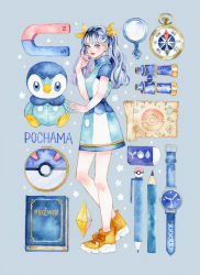 Rule 34 | 1girl, binoculars, blue hair, blush, book, character doll, closed mouth, collared dress, commentary request, compass, copyright name, creatures (company), doll, dress, eraser, game freak, gen 4 pokemon, great ball, grey background, grey eyes, hair ribbon, hand up, lipstick, long hair, magnet, magnifying glass, makeup, miya (akatabi dante), nail polish, nintendo, orange footwear, original, pencil, piplup, poke ball, poke ball print, pokemon, pokemon (creature), red lips, ribbon, shoes, short sleeves, smile, sparkle, standing, twintails, watch, wristwatch, yellow ribbon