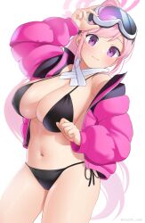 Rule 34 | 1girl, absurdres, blue archive, blush, breasts, cleavage, cowboy shot, eimi (blue archive), eimi (swimsuit) (blue archive), goggles, goggles on head, highres, large breasts, long hair, looking at viewer, maozi dan, official alternate costume, pink eyes, pink hair, simple background, solo, tagme, white background